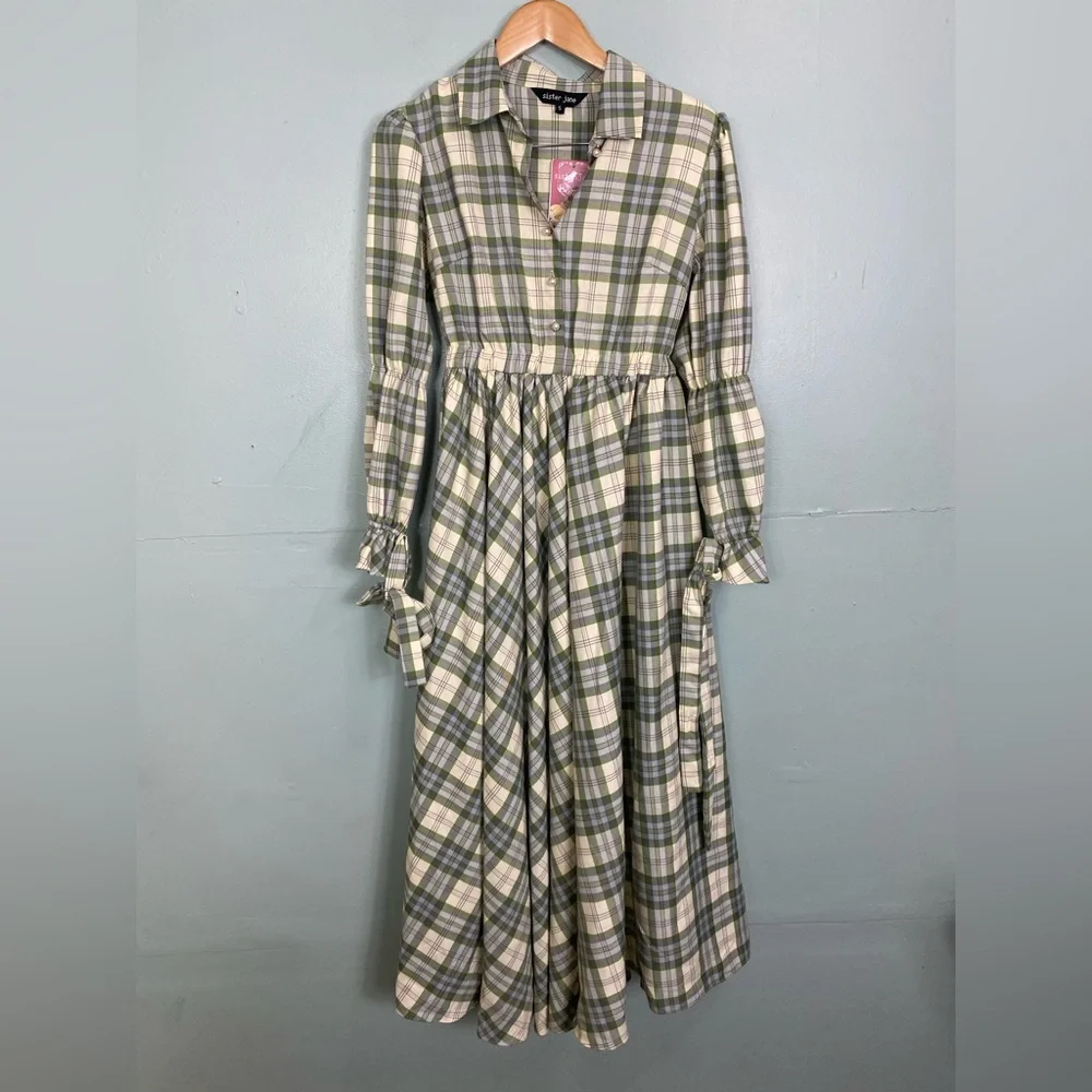Sister Jane Humble Check Midi Dress Green Plaid Long Sleeve Small - Picture 2 of 7